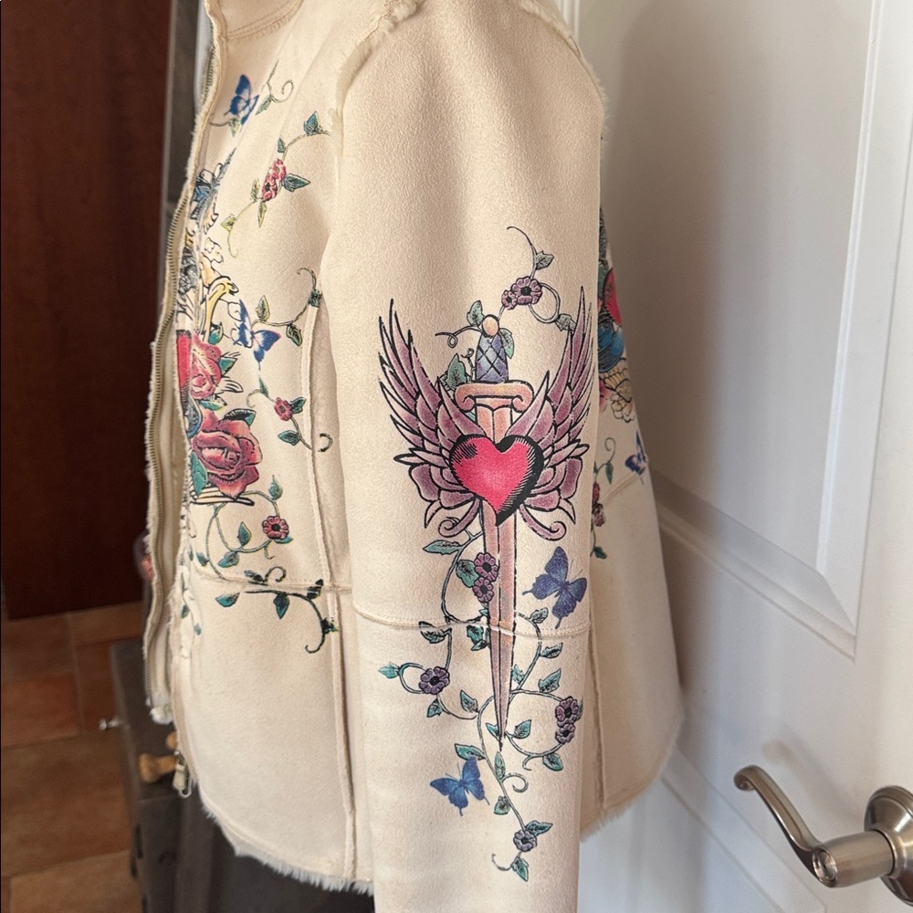eivissa Cream Faux Fur Suede Painted Graphic Coat Jacket Tattoo design - Picture 4 of 10